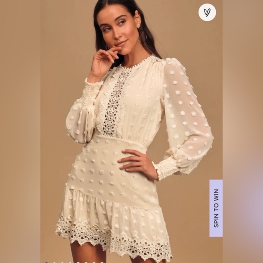 LULUS - NEW/NWT - Lust Or Love Cream Embroidered Lace Long Sleeve Dress. Medium.